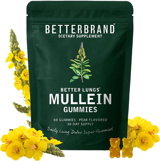 Betterbrand Mullein Gummies for Lungs – 1000mg Herbal Supplement for Lung Detox & Respiratory Support – Pear Flavor Chewable Breatheasy Gummy – 30 Day Supply